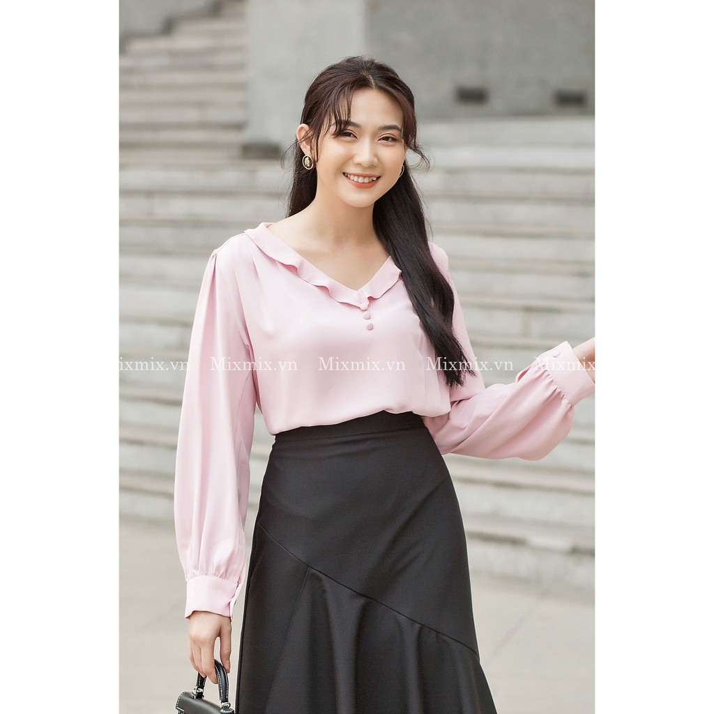 Áo lụa cổ tim viền bèo - MIXMIX - Hàng thiết kế- Hình chụp thật 100%
