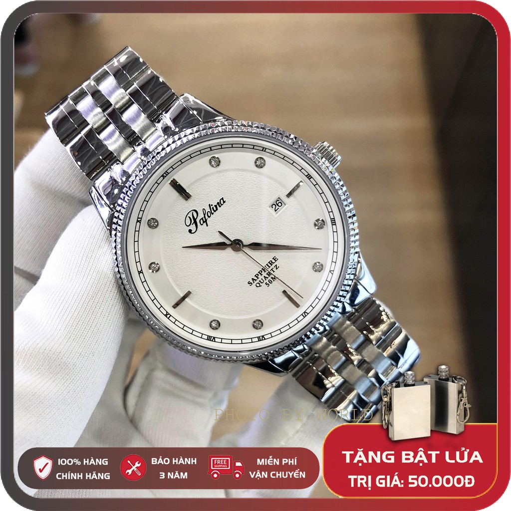 Đồng hồ pin, đồng hồ nam dây thép Pafolina 5026M full box, kính sapphire chống xước, chống nước