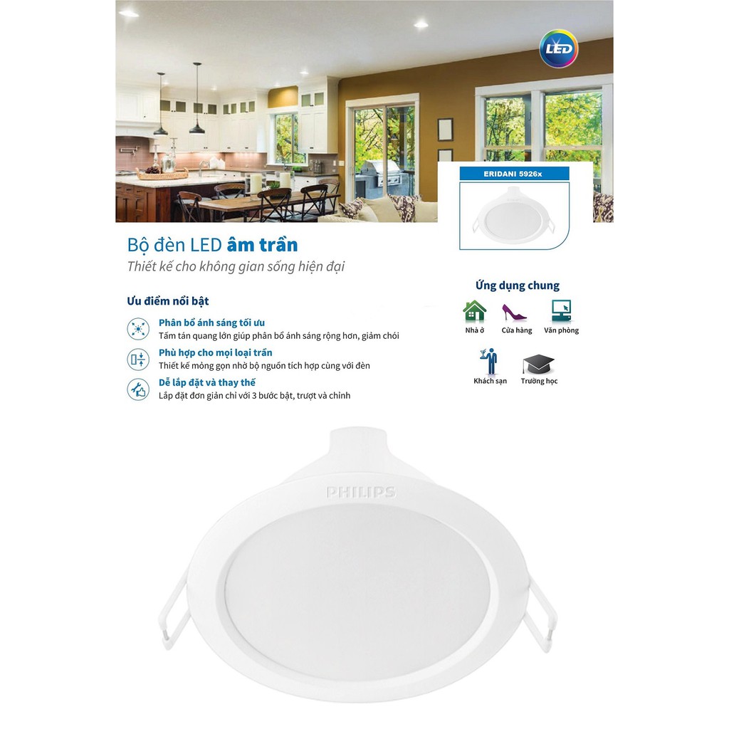 BÓNG ĐÈN LED 5W PHILIPS ERIDANI 59261 D100 ÂM TRẦN DOWNLIGHT KIỂU TRÒN