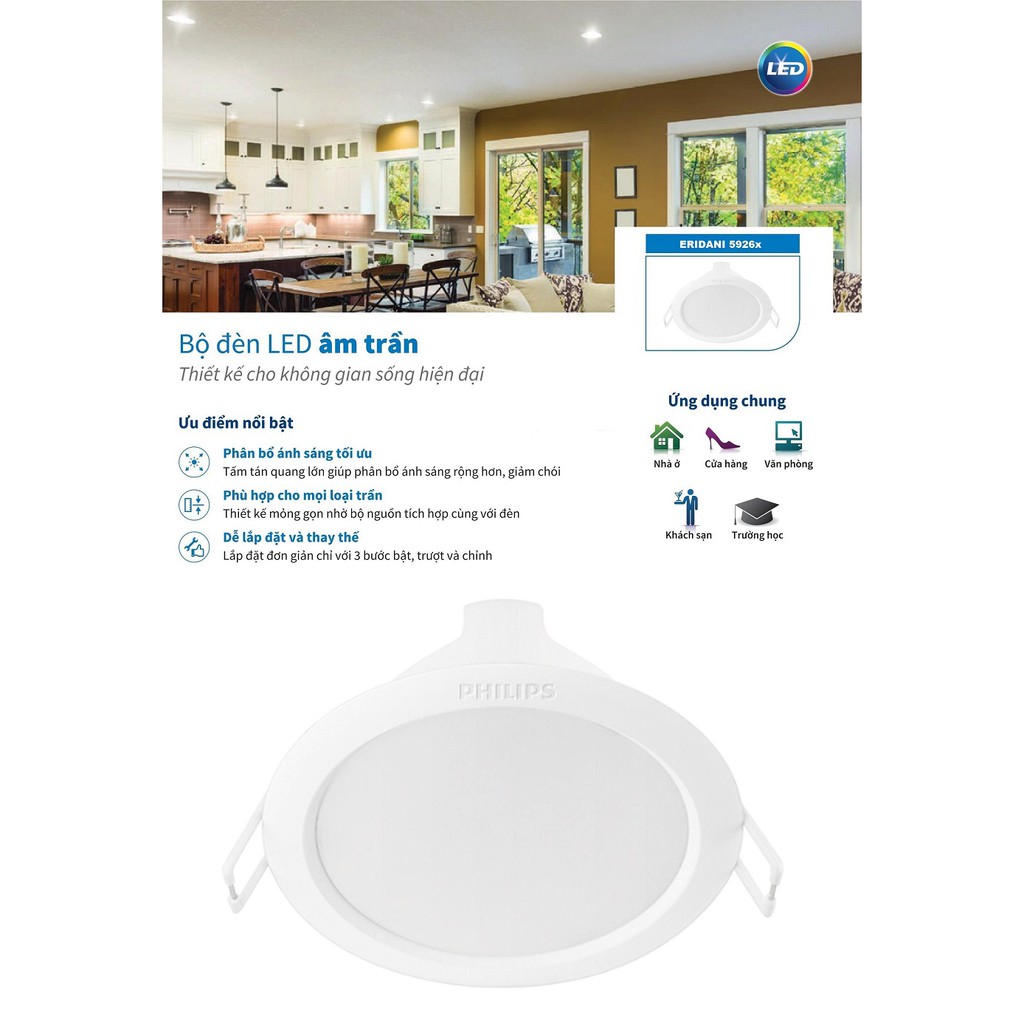 BÓNG ĐÈN LED 5W PHILIPS ERIDANI 59261 D100 ÂM TRẦN DOWNLIGHT KIỂU TRÒN ( TIẾT KIỆM ĐIỆN - ÁNH SÁNG TRẮNG & VÀNG )