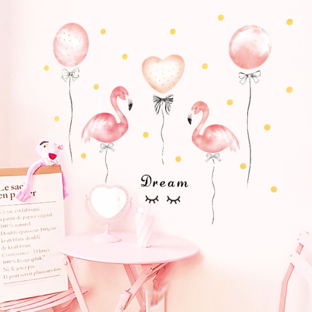 Decal trang trí tường - Bong bóng kèm 2 chú hồng hạc