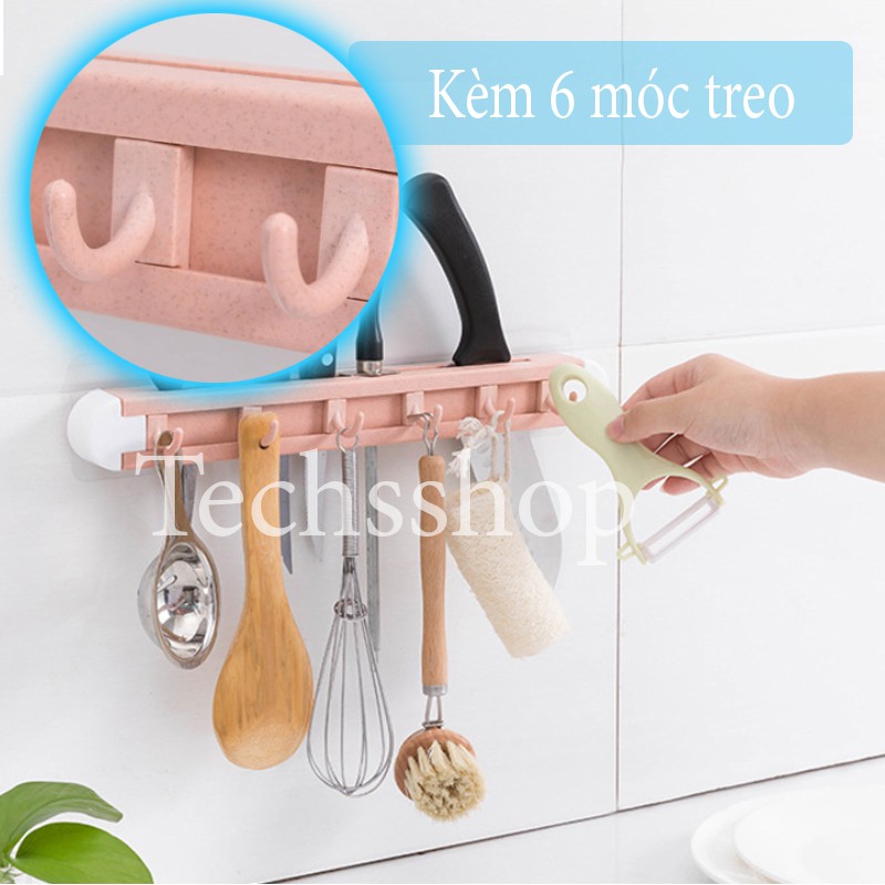 Kệ Nhựa Dán Tường Để Dao Kéo Kèm Theo 6 Móc Treo Tiện Lợi - Kệ Nhà Bếp Treo Vật Dụng Dài 34cm