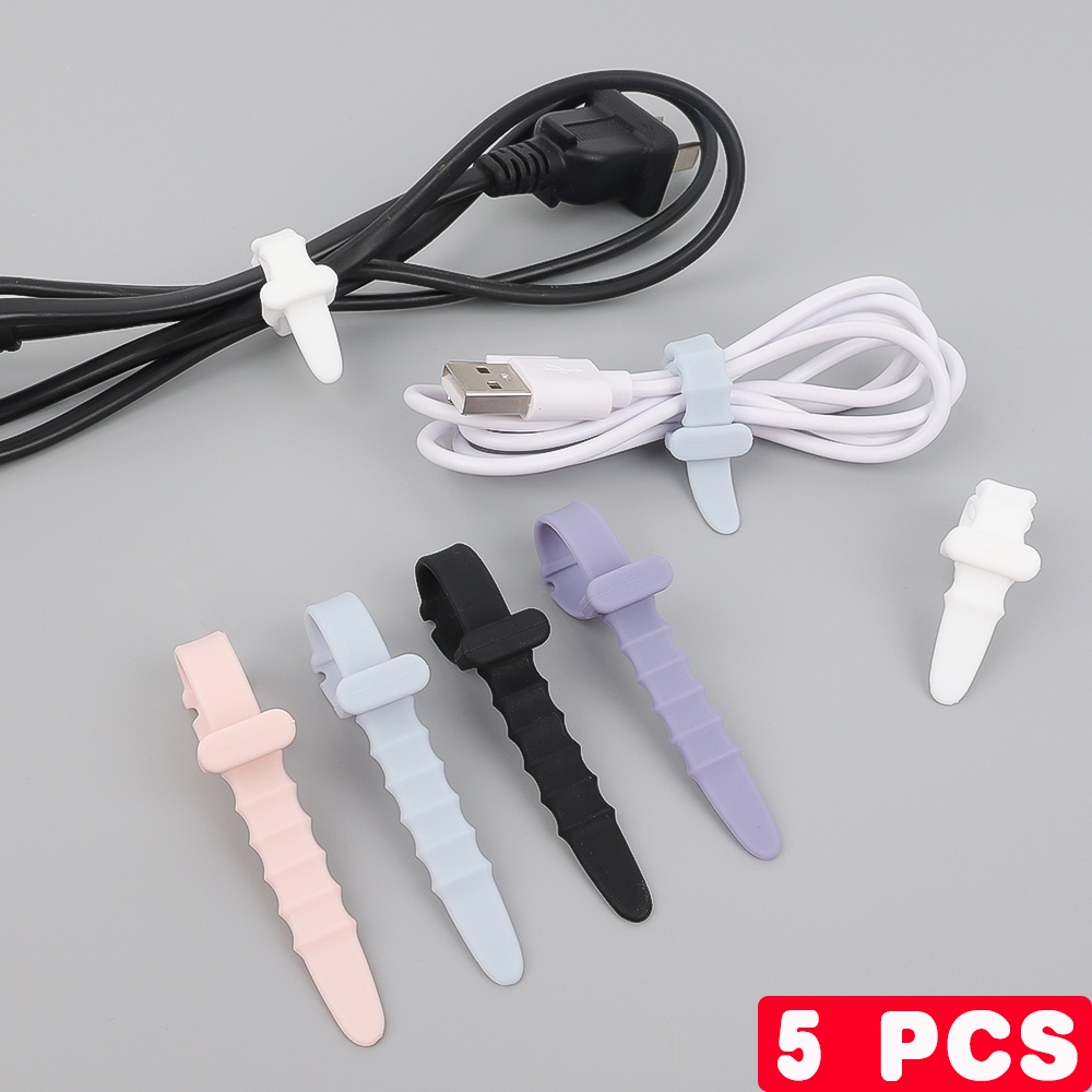 Bộ 5 Dây Quấn Dây Cáp / Dây Cáp Tai Nghe / Dây Cáp Hình Xương Cá Bằng Cao Su Silicone Mềm Chống Thất Lạc Màu Kẹo