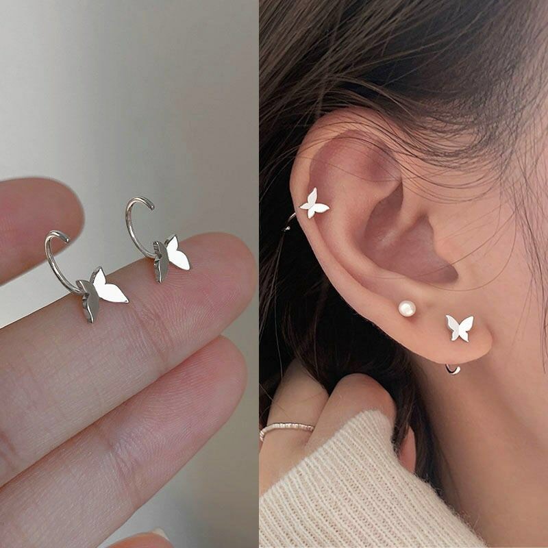 Bông tai bạc nữ,khuyên tai hồ điệp dáng cong nhỏ xinh-KT38-AURASILVER