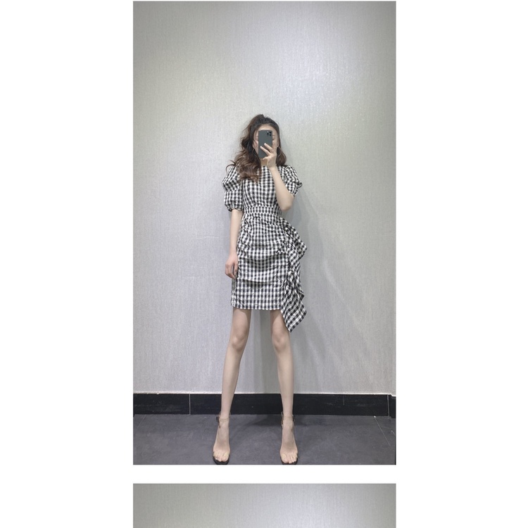 Đầm tay phồng ngắn họa tiết sọc caro phong cách Châu Âu thời trang mùa hè dành cho bạn nữ 2021