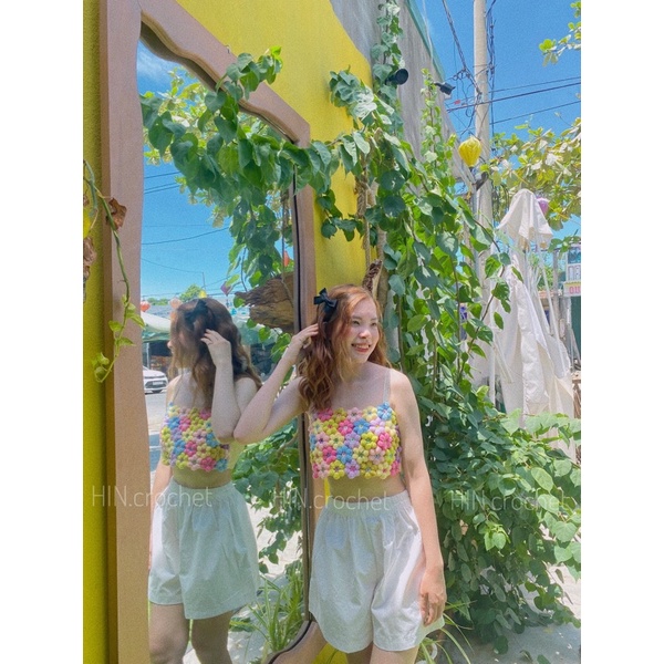 HIN Croptop flower Áo hoa len ghép