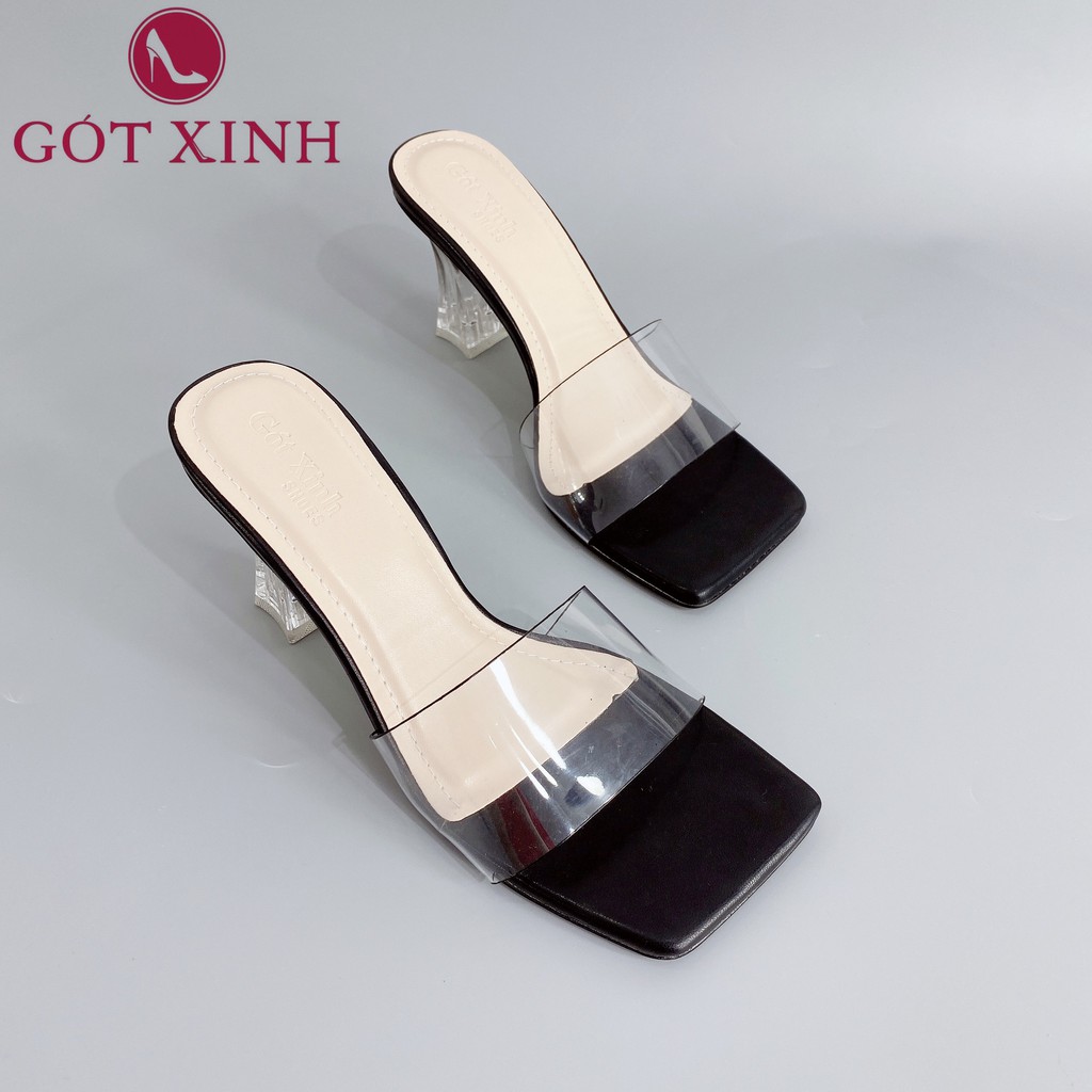 Dép cao gót nữ GÓT XINH D29 mũi vuông quai ngang chất liệu mika trong đế cao 5cm