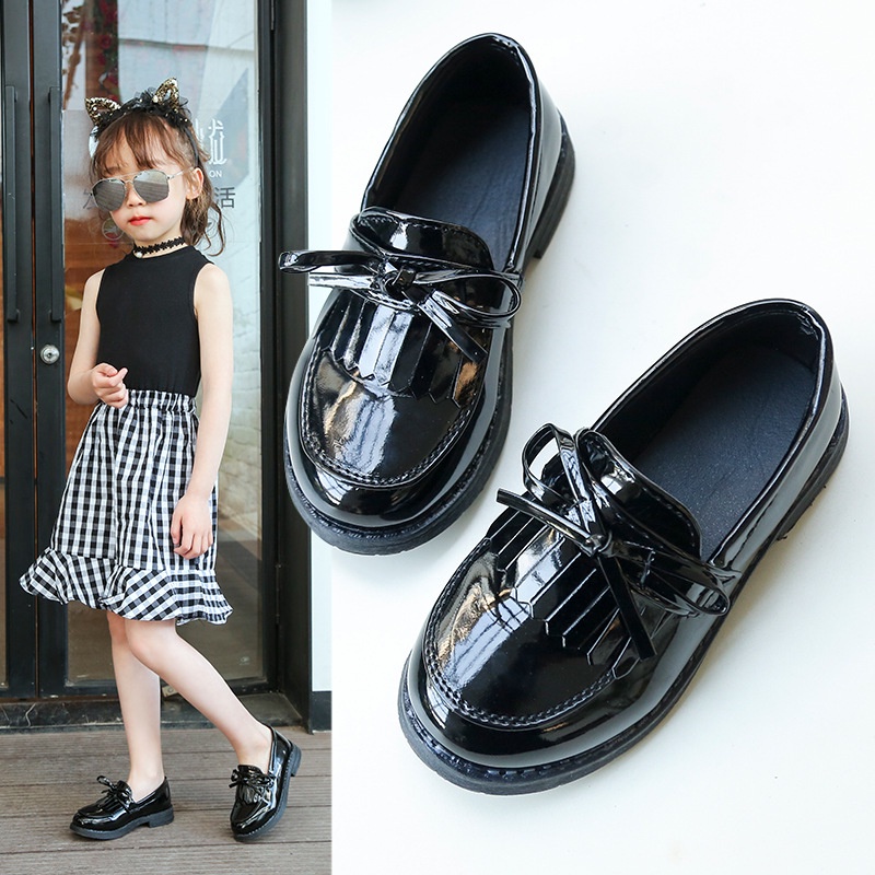 1-12Year Girls Leather Shoes British Style Tassel Party Princess Shoes Fashion Kids Student School Shoes Black