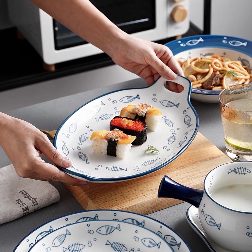 Bộ bát đĩa cá xanh, bát dĩa hình cá, bát đĩa Nhật 8.14