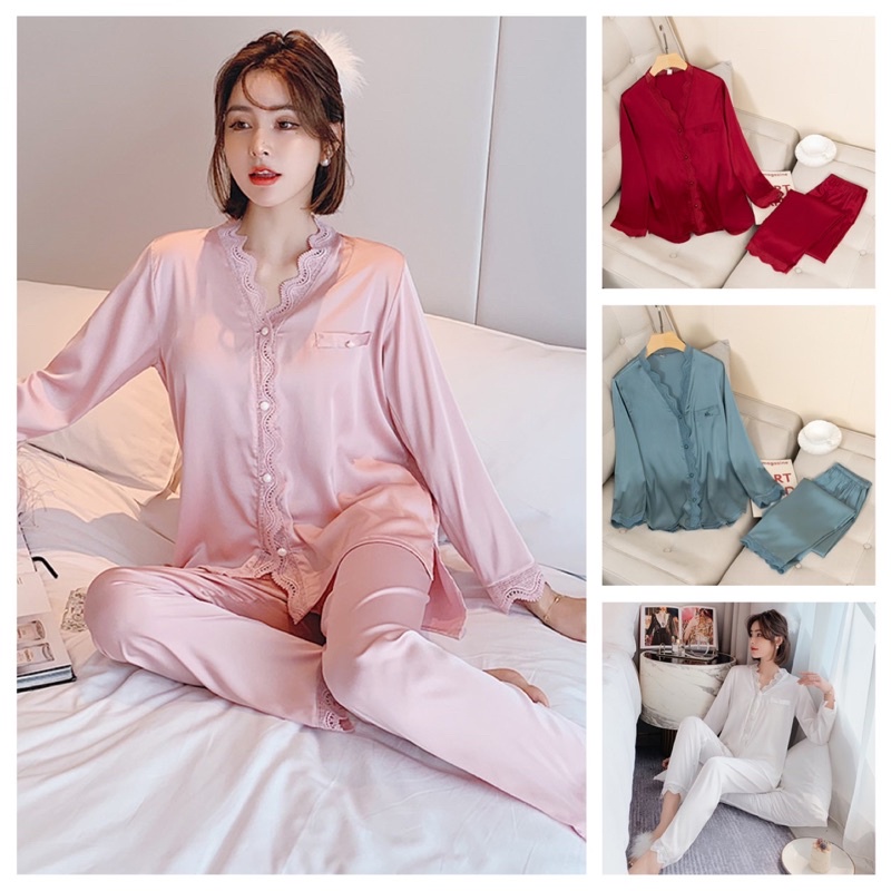 Bộ đồ lụa phối ren mặc ngủ mặc nhà cao cấp - C99