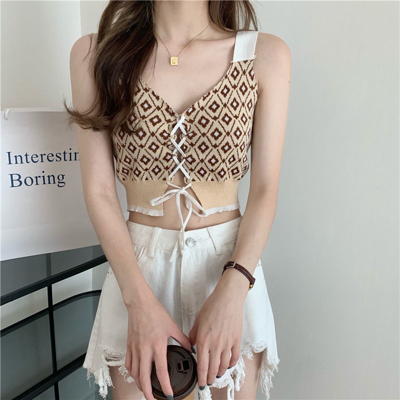 Áo croptop 2 dây bản to cổ tim dây buộc đan chéo hai mảnh trước ngực sọc ca ro hoa nhí -ACN34