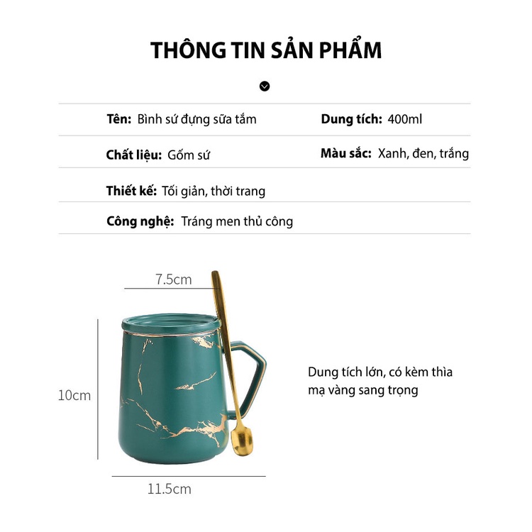 Ly Cốc Sứ Uống Cà Phê Có Nắp Kèm Thìa Chất Liệu Gốm Sứ Cao Cấp Loại 400ml
