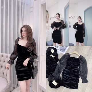 V054 Váy Nhung Rúm Hông Tay Voan Tơ Sang Trọng , Đầm Body Nhún Eo Tôn Dáng