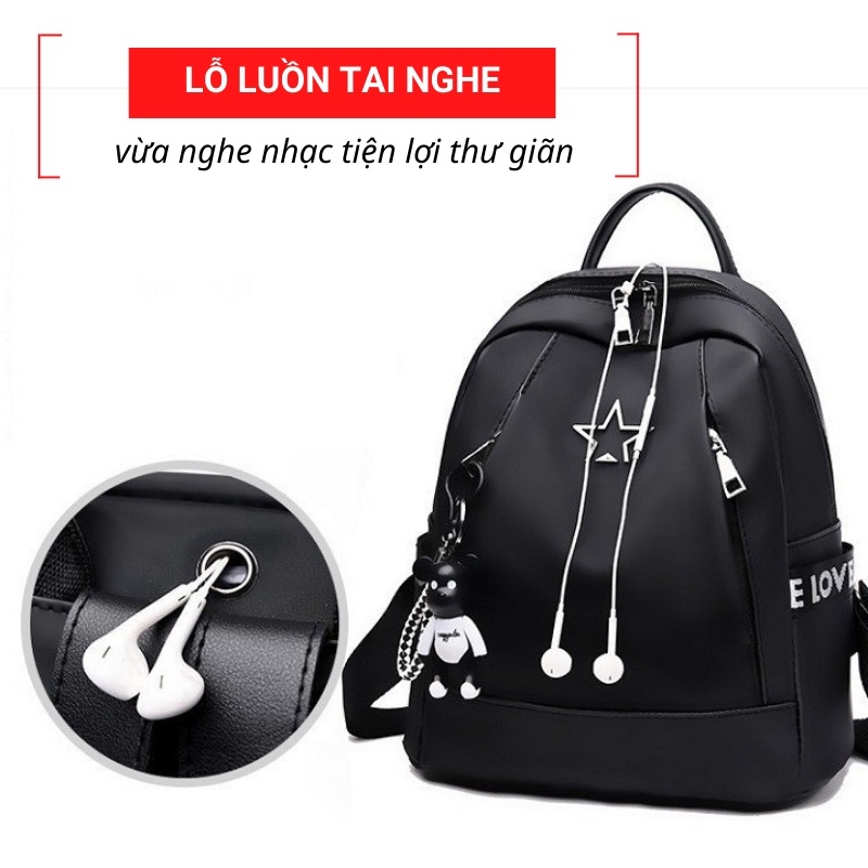 Balo nữ vải dù chống thấm tốt có lỗ luồn tai nghe, túi mini thời trang tặng móc gấu