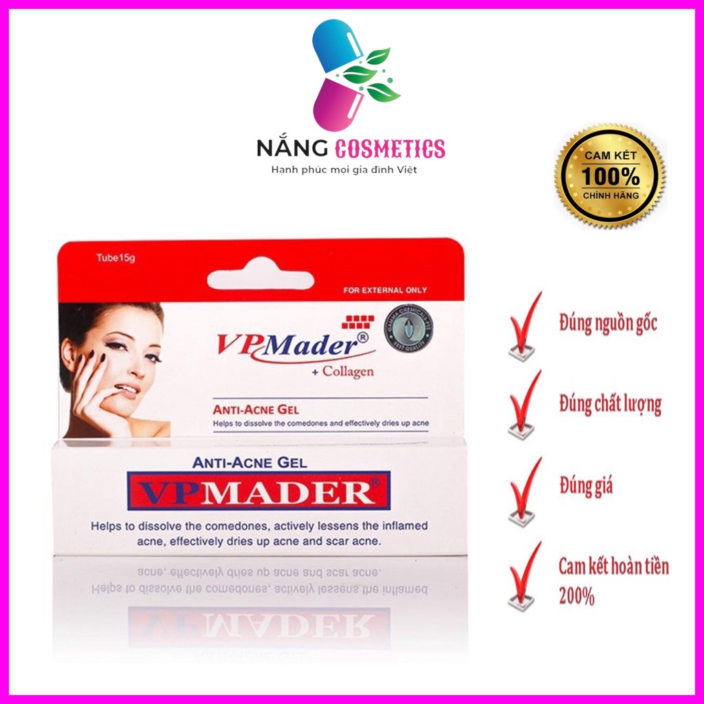 GEL BÔI MỤN VP MADER 15g - Gel Dưỡng Trắng Da Collagen Giảm Mụn Ở Mặt Và Ở Lưng Trẻ Hóa Da Dưỡng Ẩm