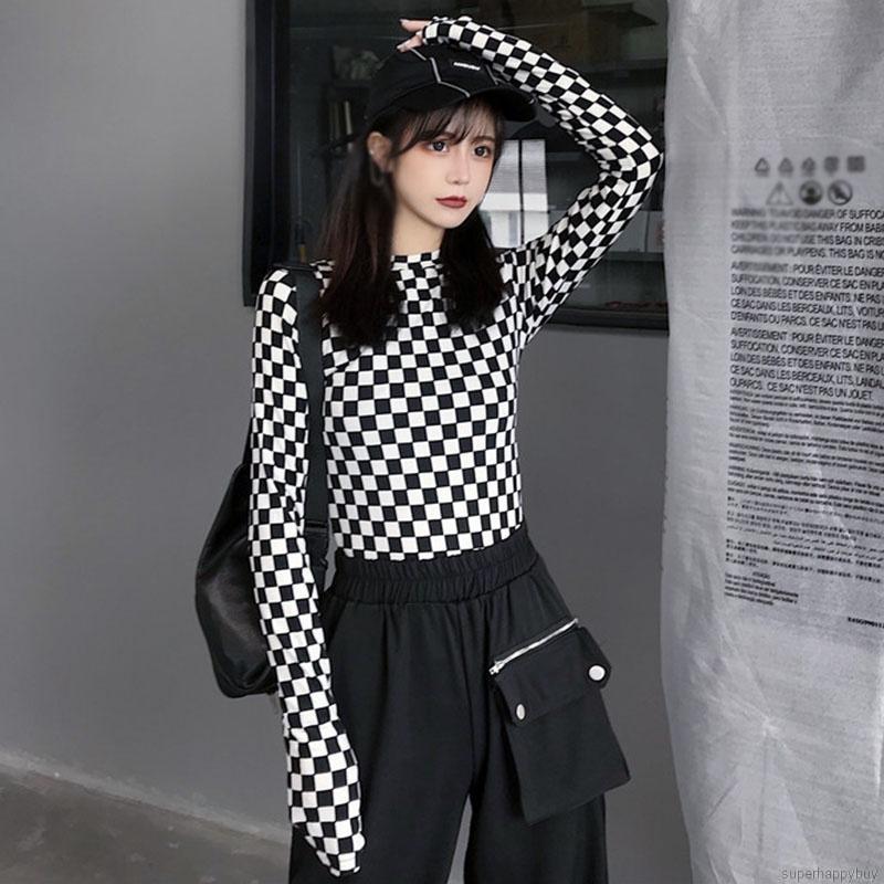 Áo thun tay dài in caro thời trang cá tính cho nữ