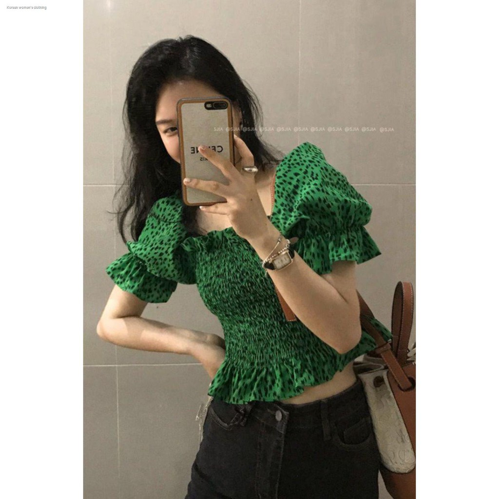 Leopard Print Shirt Women Retro Hong Kong Flavor Summer French Puff Sleeve Square Neck Short Top Dress