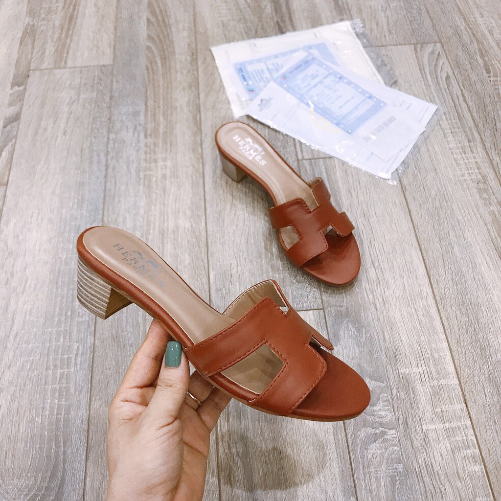 Guốc H gót gỗ 3p da đẹp Full box