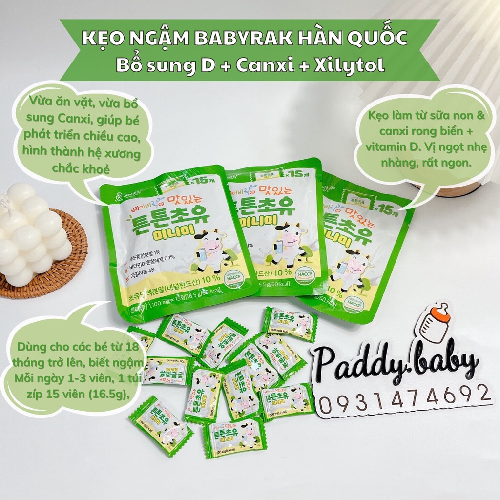 Kẹo sữa non Babyrak - Hàn Quốc bổ sung Vitamin D + Canxi + Xilitol cho bé từ 18 tháng trở lên biết ngậm