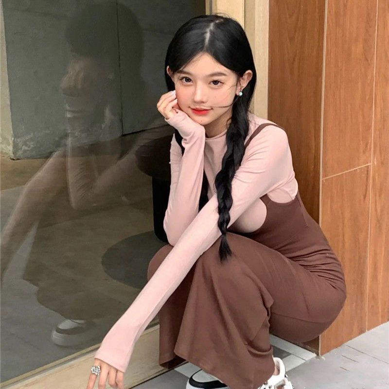 COZOK Set Áo Thun Tay Dài + Đầm Hai Dây Thời Trang Nữ