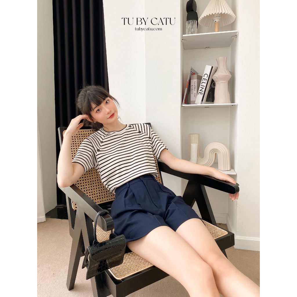 TUBYCATU | Áo thun Button Stripe Tee sọc ngang Trắng Đen/ Xanh Lá