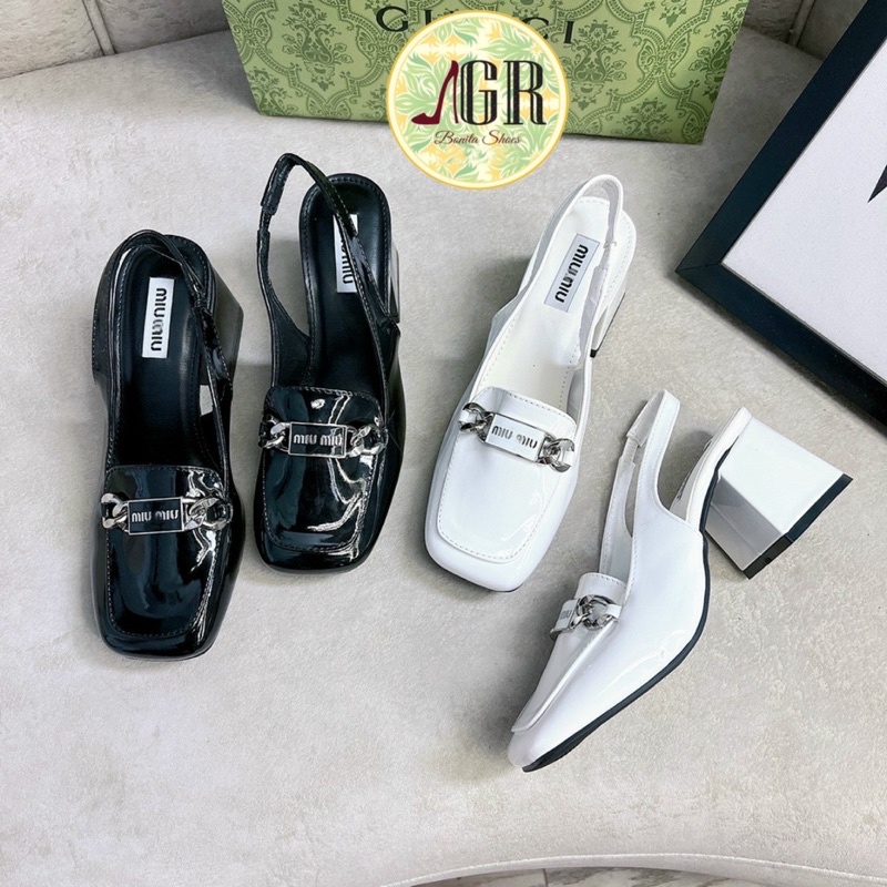 Sandal gót mũi vuông khoá MM gót vuông hh 6 cm