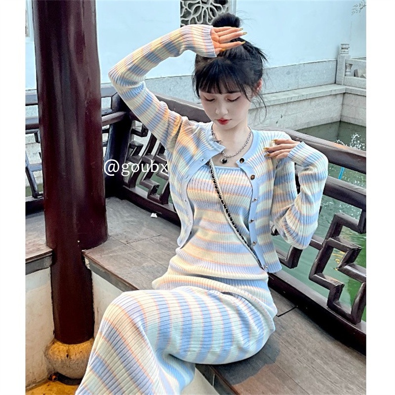 (ORDER TAOBAO)- SET VÁY BODY+ CARDIGAN LEN DỆT KIM CO DÃN KẺ SỌC
