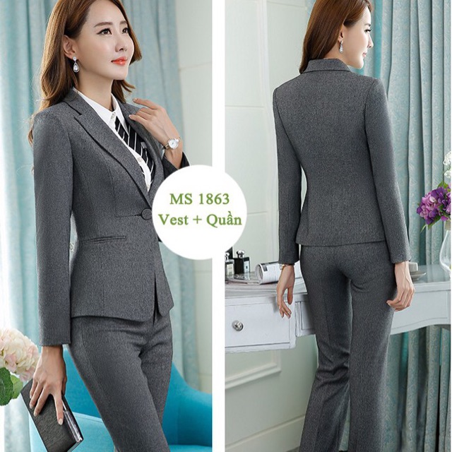 Set bộ vest công sở tay dài cao cấp loại 1 gồm áo vest 2 lớp và quần tây size M L XL | BigBuy360 - bigbuy360.vn