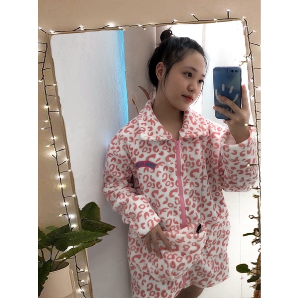 Áo khoác lông cừu kèm Túi, Mũ siêu ấm da beo hồng- Ảnh thật shop chụp