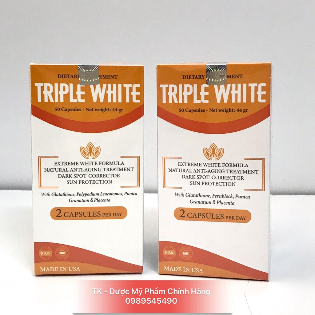 (CHÍNH HÃNG) TRIPLE WHITE Viên Uống Trắng Da Glutathione 1200mg, Chống Nắng, Giảm Thâm Nám, Chống Lão Hoá - Hộp 50 Viên