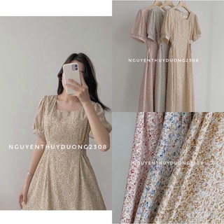 [Ảnh thật/Sẵn]Váy hoa nhí cổ vuông thắt eo tay cộc Ker