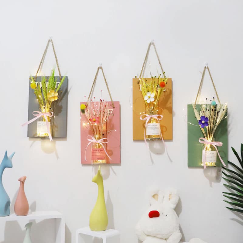 Lọ hoa decor lọ hoa thủy tinh treo tường trang trí ( bảng gỗ +đèn nháy +lọ thủy tinh)