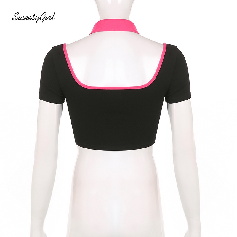 Áo Thun Tay Ngắn Cổ Bẻ Phối Nút Hình Trái Tim Màu Sắc Tương Phản Thời Trang Cho Nữ 2022