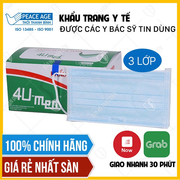 Khẩu trang y tế 4U Med - Khẩu trang kháng khuẩn 3 lớp - Hộp 50 cái - Màu xanh