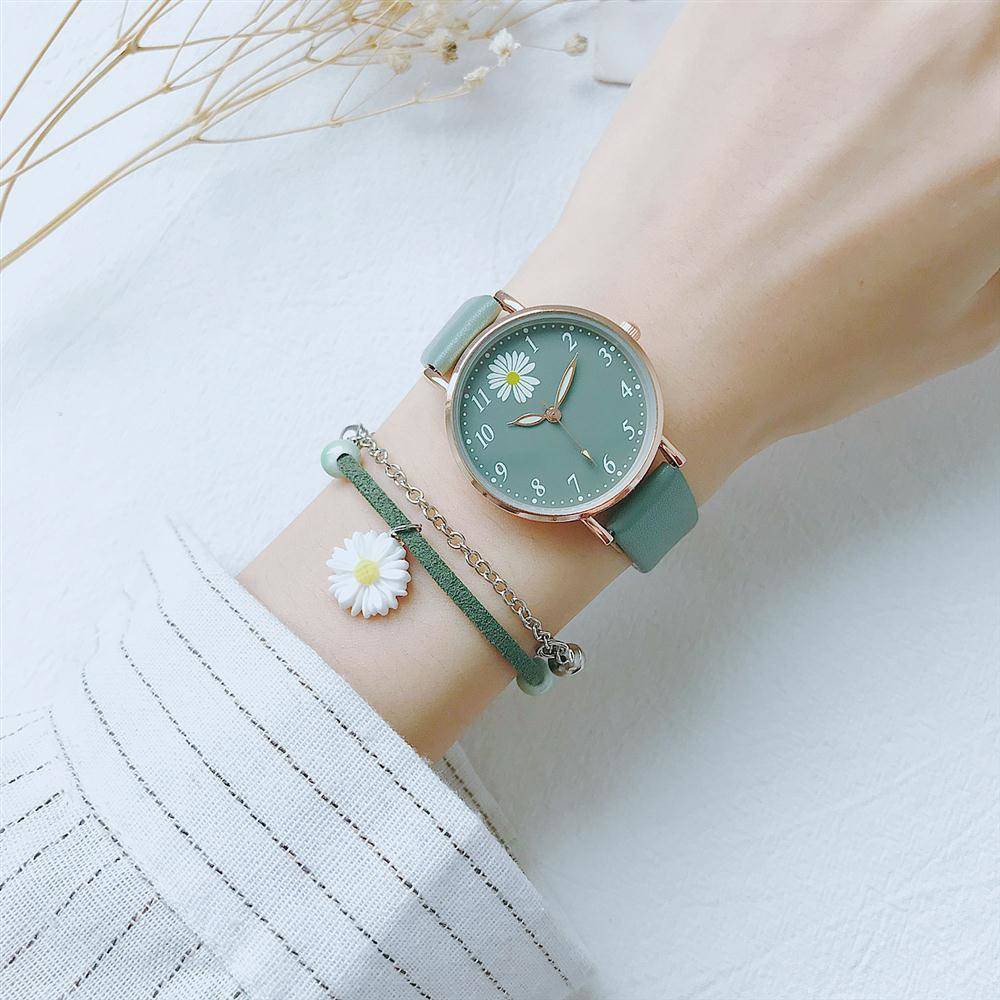Hoa cúc nhỏ Đồng hồ nữ màu xanh lá cây sen phong cách Học Viện ins Hàn Quốc phiên bản của tính khí đơn giản Văn Học Retr