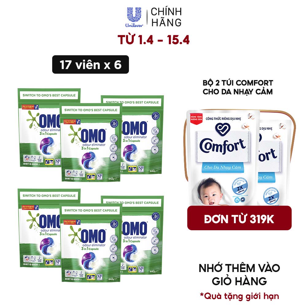 Combo 6 Túi Viên Giặt Tiện Lợi OMO Công Nghệ Anh Quốc - Khử Mùi (17 Viên/Túi)