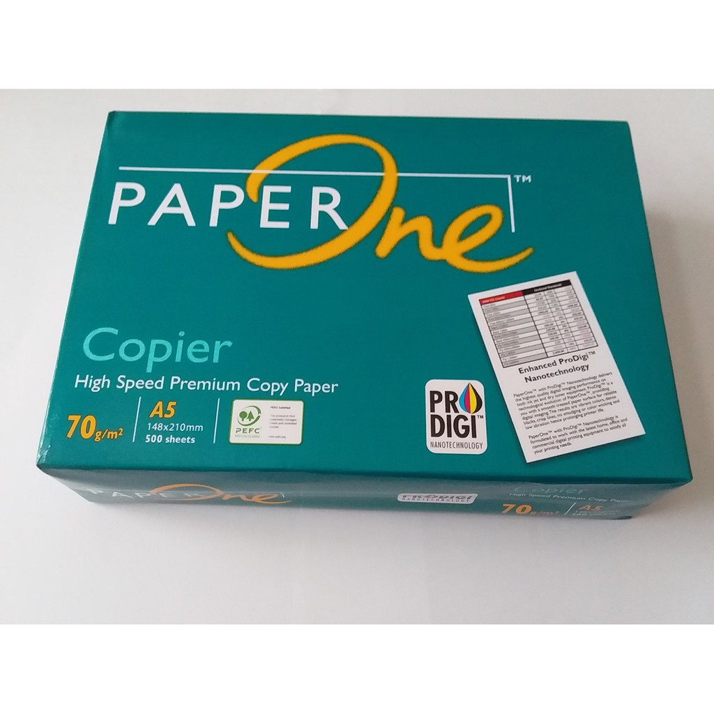 Giấy A5 Paper One 70gsm 1 ram. Màu trắng đẹp. Thích hợp cho văn phòng, công ty, in ấn, photocopy.