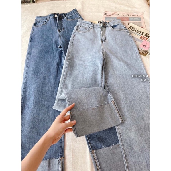 Quần Jeans nữ dài trơn lưng cao ống đứng suông lật lai tôn dáng - Vien's Store