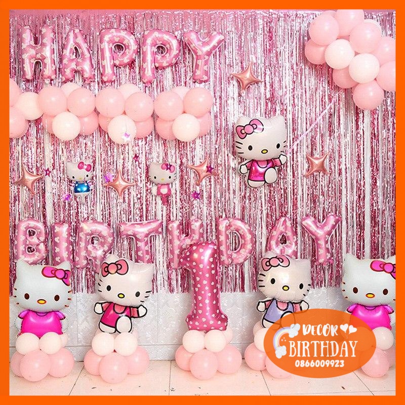 Set Trang Trí Sinh Nhật ️🎈️🎈HELLO KITTY️🎈️🎈 Siêu Dễ Thương Cho Bé Gái, Đầy Đủ Như Hình Tặng Kèm Đồ Bơm Băng Dính