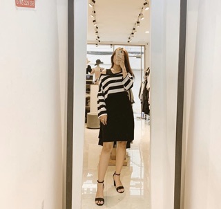 SET ĐẦM THUN ĐEN ÁO CROPTOP SỌC