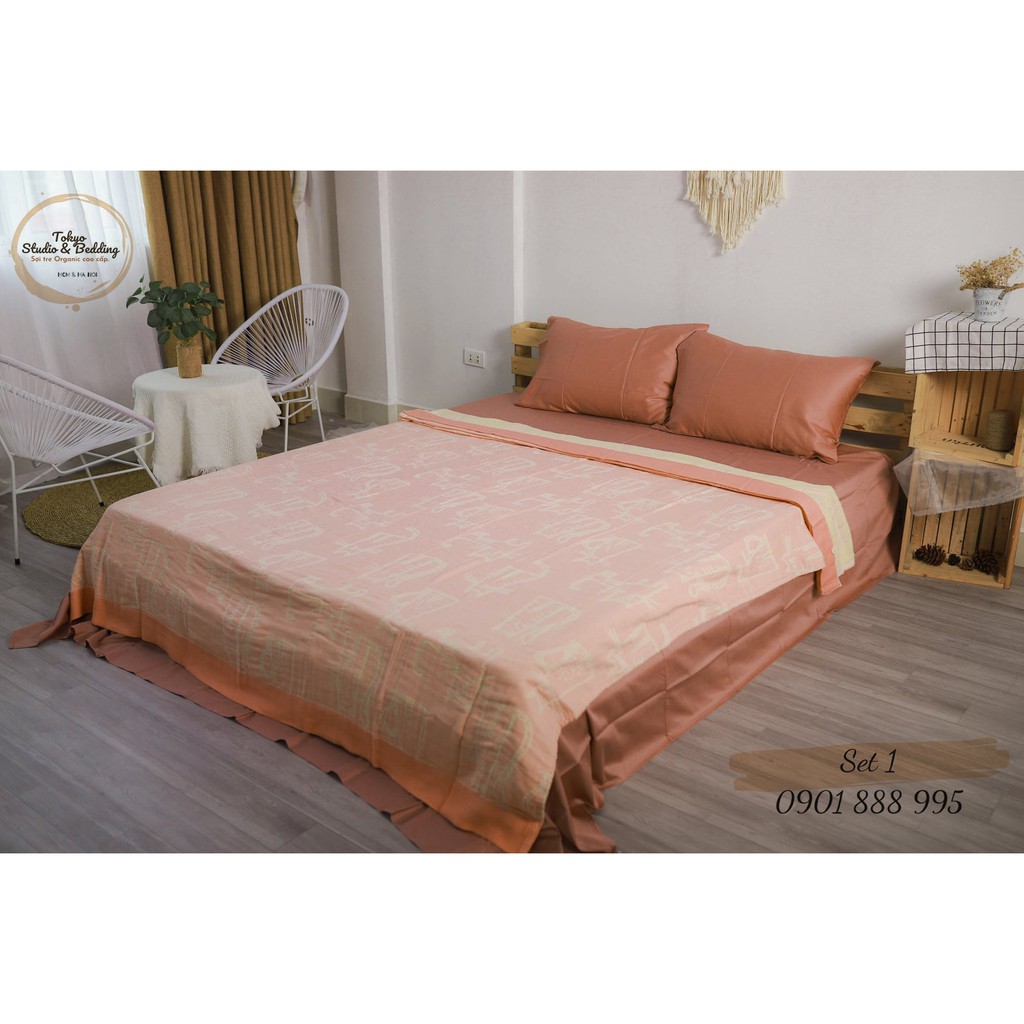 Set 01_ Chăn Xô Cotton Sợi tre Organic dòng Basic &amp; Ga gối Lụa