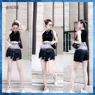[Mã HUONGZOZO giảm 10K cho đơn 299K] Quần váy jeans rách nhẹ dáng chữ A lưng cao nắp loang màu V0115