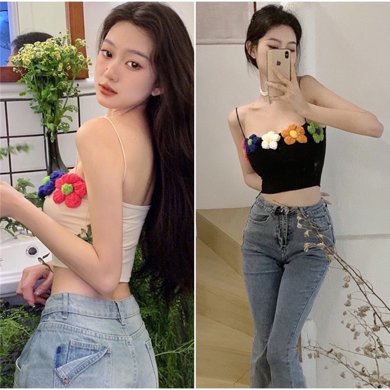 Áo croptop 2 dây đen trắng đính bông hoa len nhiều màu sắc