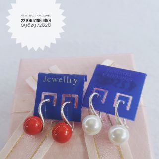 Bông tai bạc móc câu trai, đá đỏ xinh xắn vàng bạc Thái Dương