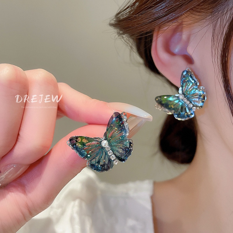 DREJEW Khuyên tai mạ bạc hình bướm đính đá zircon ngọc trai phong cách Hàn Quốc