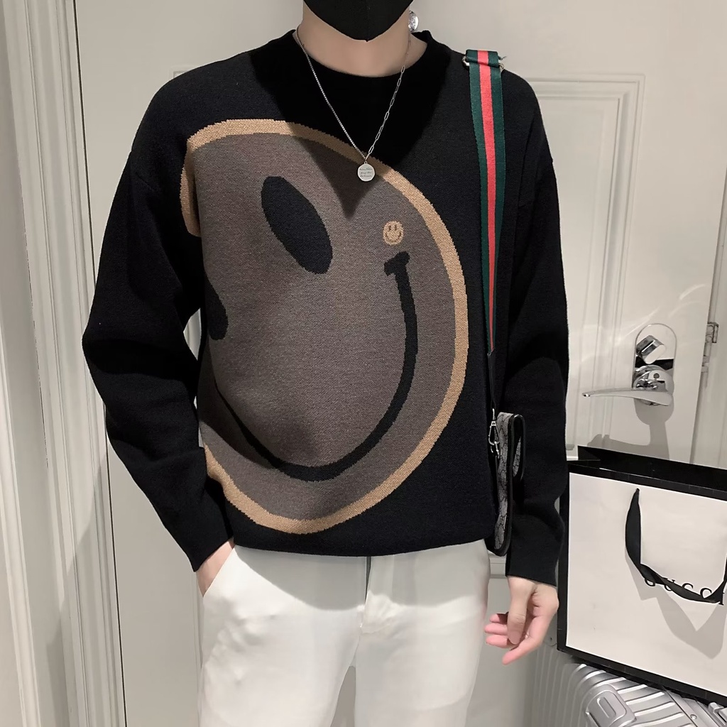 Áo Sweater Dệt Kim Cổ Tròn In Hình Mặt Cười Thời Trang Thu Đông Mới Cho Nam