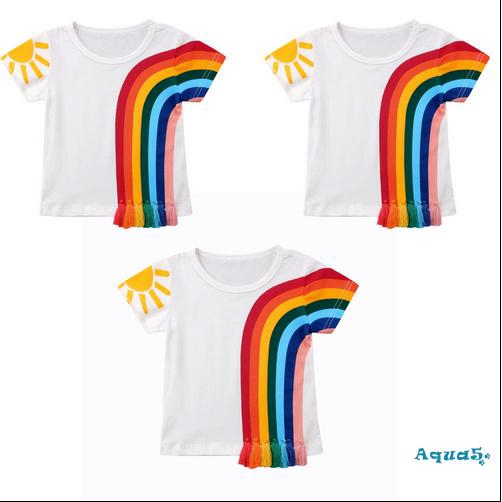 Fashion Kids Baby Girls Casual Rainbow Tassel Patchwork Cotton T-shirt Tops