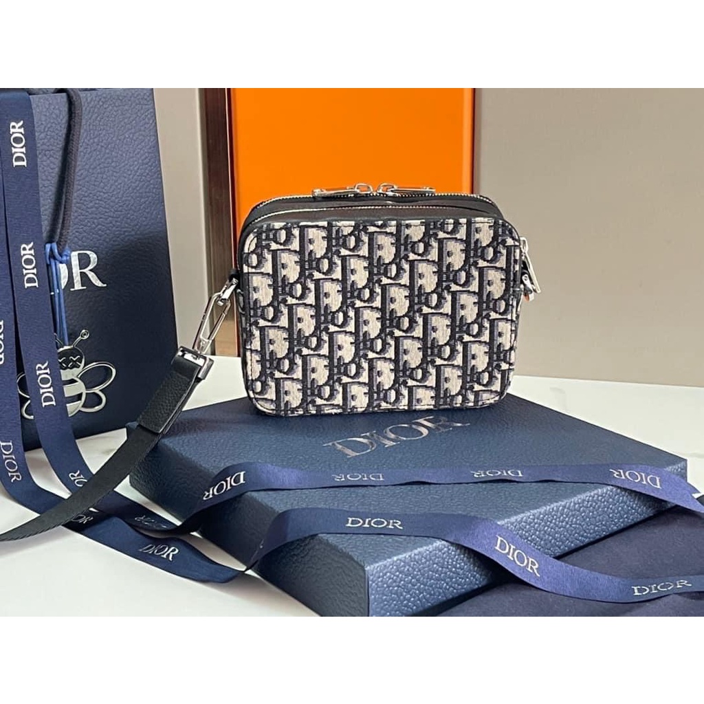 Túi nam đeo chéo W566-17 MESSENGER POUCH BLUE Dior Oblique Galaxy Leather fullbox
