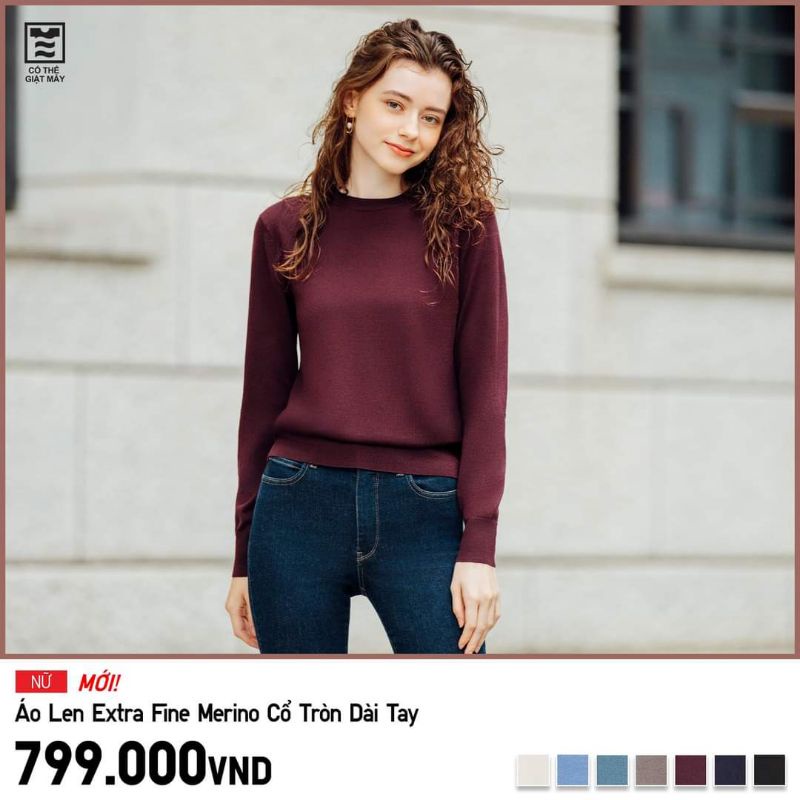 NỮ- Áo len lông cừu Merino cổ tròn dài tay