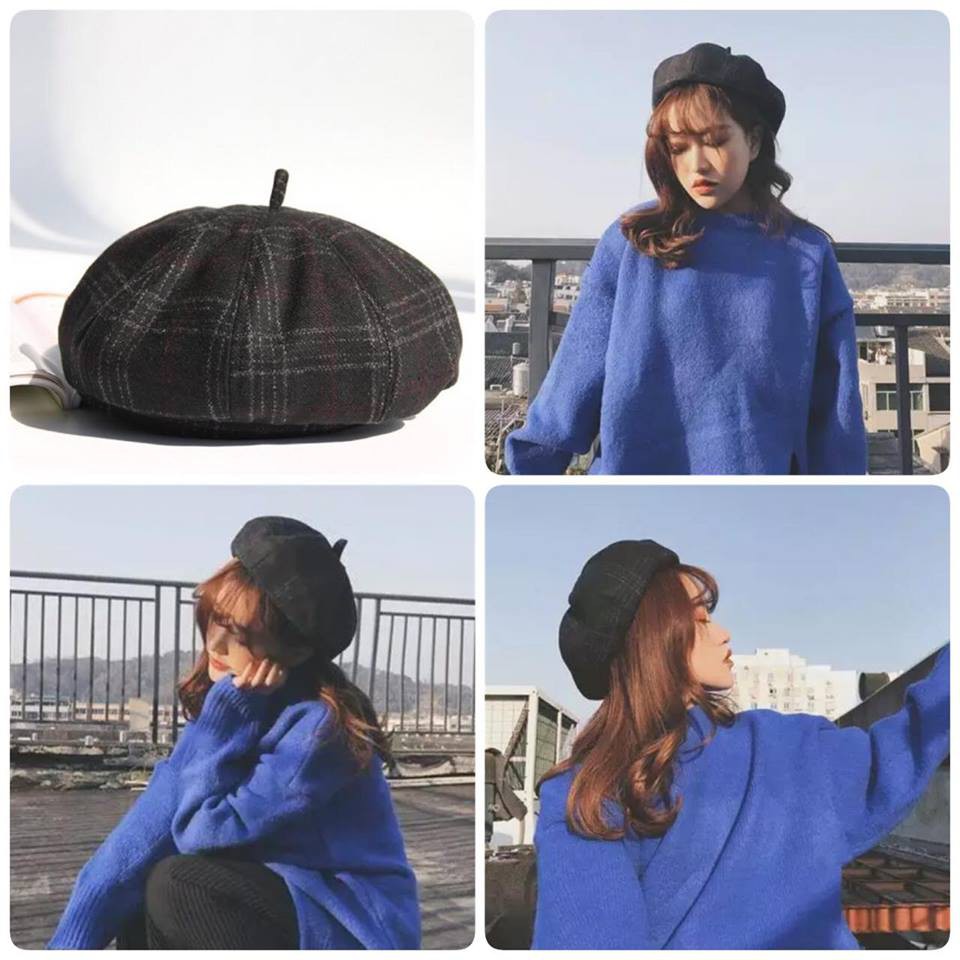 Mũ nồi beret caro có dây rút